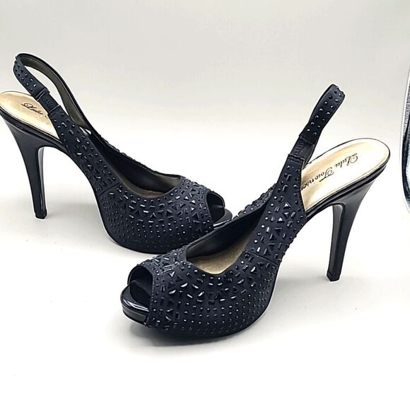 Lulu Townsend Black Satin Beaded Platform Heels with Peep Toe, Size 10 - Picture 1 of 10